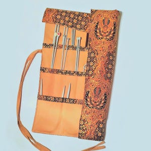Large Knitting Needle Organizer: Gold Indonesian Cotton, Triple-Row Crochet Hook Roll