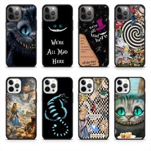 May include: A collection of black phone cases featuring designs inspired by Alice in Wonderland. The cases showcase images of the Cheshire Cat, Mad Hatter, and quotes like "We're All Mad Here."