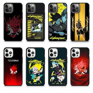 May include: A collection of black phone cases featuring various designs. Some cases display text and graphics in red, yellow, and blue, while others showcase illustrations of characters and the text "Cyberpunk".