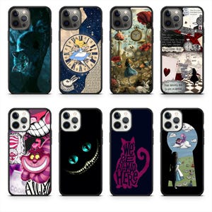 May include: A collection of phone cases featuring designs inspired by "Alice in Wonderland." The cases showcase various characters and scenes, including the Cheshire Cat, Alice, and quotes. The color palette includes blues, purples, and pinks.
