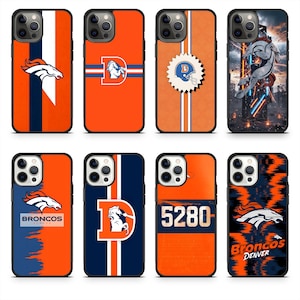 May include: A collection of eight phone cases featuring the Denver Broncos logo and team colors. Designs include the team logo, the letter "D", and the number "5280" in orange, navy blue, and white. The cases are black with a glossy finish.