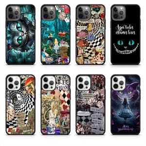 May include: Collection of phone cases featuring designs inspired by Alice in Wonderland. Cases showcase various scenes and characters, including the Cheshire Cat, Alice, and whimsical elements. Designs include text and illustrations.