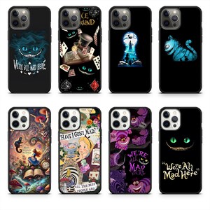 May include: A collection of black phone cases featuring designs inspired by Alice in Wonderland. Designs include the Cheshire Cat, Mad Hatter, and quotes like "We're all mad here."