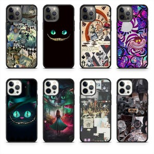 May include: Collection of phone cases featuring designs inspired by Alice in Wonderland. Designs include the Cheshire Cat, Alice, and other iconic imagery from the story. Cases are black with various colorful illustrations.