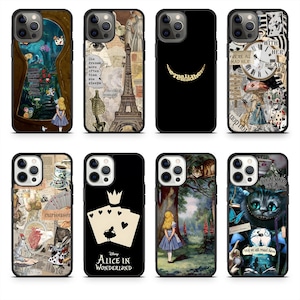 May include: Collection of phone cases featuring Alice in Wonderland designs. Cases include illustrations of Alice, the Cheshire Cat, playing cards, and quotes like "We're all mad here." Various colors and styles are displayed.