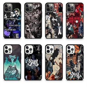 May include: A collection of black phone cases featuring various designs. Some cases display band members, while others showcase gothic imagery, text, and the band's logo. The cases have a glossy finish and are designed for a smartphone.