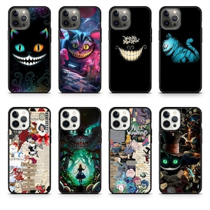 May include: A collection of phone cases featuring designs inspired by Alice in Wonderland. The cases showcase the Cheshire Cat, Alice, and other iconic characters. The cases are black with colorful illustrations.