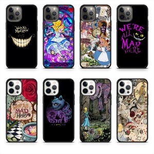 May include: A collection of eight phone cases featuring designs inspired by Alice in Wonderland. The cases showcase various characters and scenes, including the Cheshire Cat, Alice, and the Mad Hatter, in vibrant colors and artistic styles.