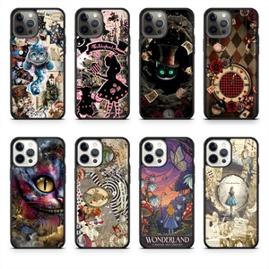 May include: Eight phone cases with black borders, each featuring a different design inspired by Alice in Wonderland. Designs include the Cheshire Cat, Alice, and other iconic imagery in vibrant colors.