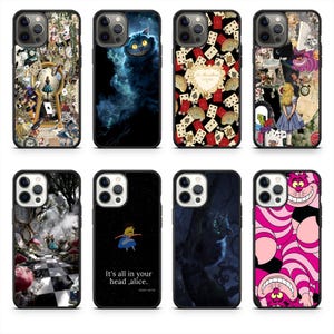 May include: A collection of eight phone cases featuring designs inspired by Alice in Wonderland. The cases showcase various scenes and characters, including the Cheshire Cat, playing cards, and Alice herself. The cases are black with colorful graphics.