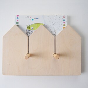 Natural plywood shelf with hooks, kids room organisation image 3