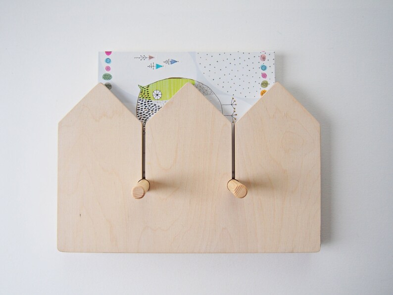 Natural plywood shelf with hooks, kids room organisation image 3