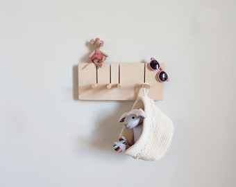 Wall rack, natural plywood, kids room organisation