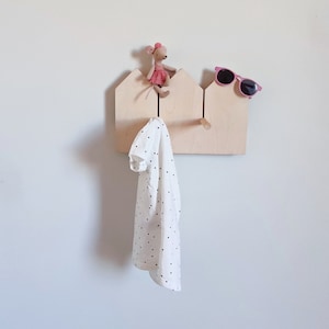 Natural plywood shelf with hooks, kids room organisation image 1