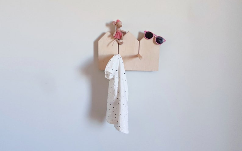 Natural plywood shelf with hooks, kids room organisation image 1