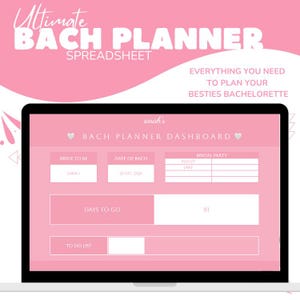 May include: A pink and white digital planner template on a laptop screen. The template is for planning a bachelorette party and includes sections for the bride to be, date of the party, bridal party, days to go, and a to-do list.