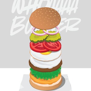 Pu&ograve; includere: Un'illustrazione verticale di un hamburger impilato con il testo "WHOHAAA BURGER" in bianco. Gli strati includono un panino con semi di sesamo, anelli di cipolla rossa, cetriolini verdi, fette di pomodoro rosso, un uovo al tegamino, una carne, lattuga.