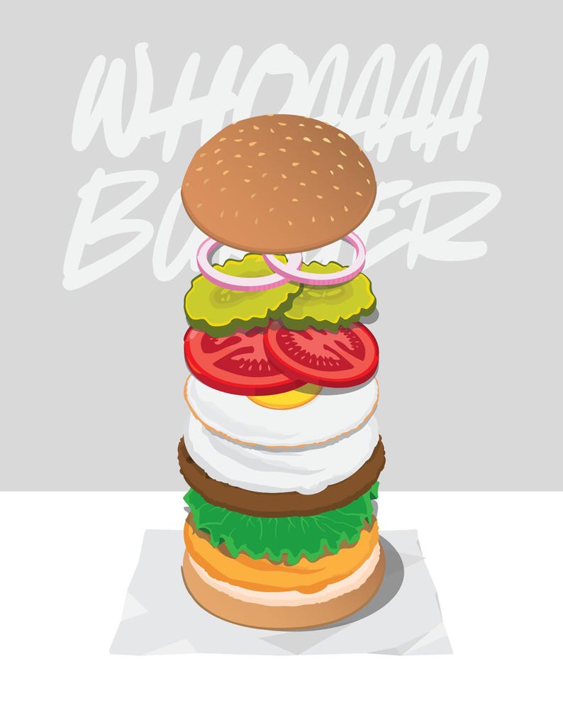 Pu&ograve; includere: Un'illustrazione verticale di un hamburger impilato con il testo "WHOHAAA BURGER" in bianco. Gli strati includono un panino con semi di sesamo, anelli di cipolla rossa, cetriolini verdi, fette di pomodoro rosso, un uovo al tegamino, una carne, lattuga.