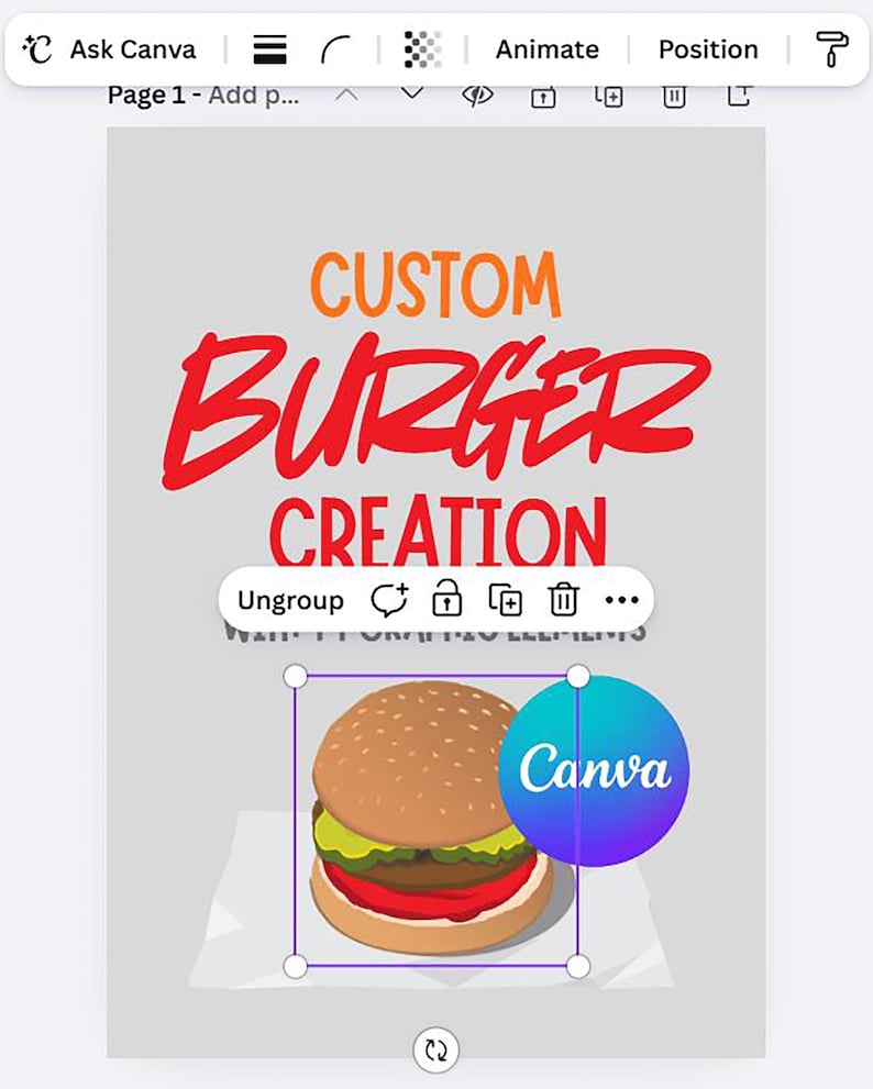 Pu&ograve; includere: Un'interfaccia di progettazione grafica digitale con il testo arancione CUSTOM e il testo rosso BURGER CREATION. Sotto, un'illustrazione di un hamburger con panino al sesamo, lattuga, carne e pomodoro su carta bianca accanto al logo blu di Canva.