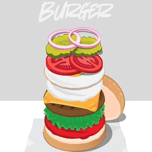 Pu&ograve; includere: Un'illustrazione verticale di un hamburger con il testo STACK YOUR OWN BURGER in alto. Gli ingredienti includono un panino inferiore, salsa rossa, lattuga verde, un hamburger marrone, formaggio giallo, un uovo fritto bianco, pomodori, cetriolini e anelli di cipolla.