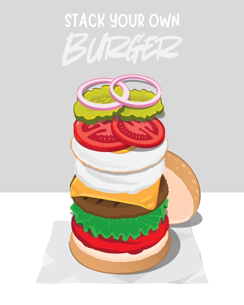 Pu&ograve; includere: Un'illustrazione verticale di un hamburger con il testo STACK YOUR OWN BURGER in alto. Gli ingredienti includono un panino inferiore, salsa rossa, lattuga verde, un hamburger marrone, formaggio giallo, un uovo fritto bianco, pomodori, cetriolini e anelli di cipolla.