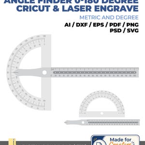 Op de afbeelding: Een digitale bestandsset met een printbare gradenboog van 0-180 graden, metrische linialen en diverse bestandsformaten waaronder AI, DXF, EPS, PDF, PNG, PSD en SVG. De tekst luidt Printable Protractor Angle Finder.