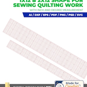May include: Digital download file containing 1x12 and 2x12 inch quilting ruler templates with grid markings and degree measurements. The text reads EASY TO PRINT 1X12 & 2X12 SHAPE FOR SEWING QUILTING WORK WITH INCH AND DEGREE MEASUREMENT AI/DXF/EPS/PDF/PNG/PSD/SVG.