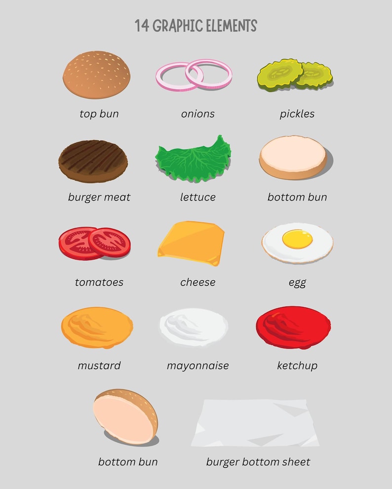 Pu&ograve; includere: Un set grafico intitolato 14 GRAPHIC ELEMENTS che presenta illustrazioni di componenti per hamburger, tra cui panino superiore, anelli di cipolla, cetriolini, carne alla griglia, lattuga, panino inferiore, fette di pomodoro, formaggio, uovo fritto, senape, maionese, ketchup e un foglio.