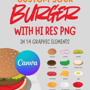 Pu&ograve; includere: Un set grafico digitale intitolato CUSTOM YOUR BURGER WITH HI RES PNG IN 14 GRAPHIC ELEMENTS. Presenta una grande illustrazione di un hamburger e 14 icone di cibo individuali tra cui panini, carne, lattuga, pomodori, formaggio, uovo e vari condimenti.