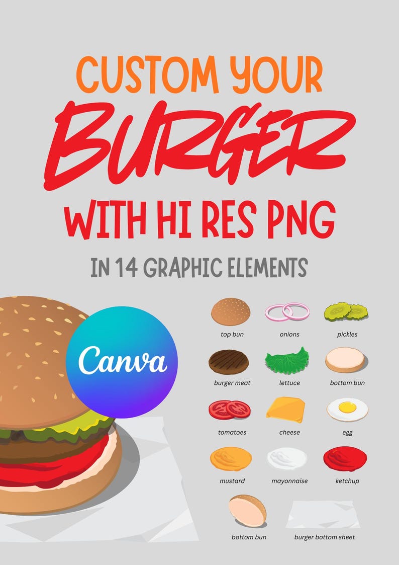 Pu&ograve; includere: Un set grafico digitale intitolato CUSTOM YOUR BURGER WITH HI RES PNG IN 14 GRAPHIC ELEMENTS. Presenta una grande illustrazione di un hamburger e 14 icone di cibo individuali tra cui panini, carne, lattuga, pomodori, formaggio, uovo e vari condimenti.