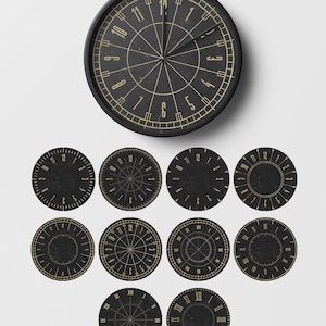 May include: A black wall clock with a circular face featuring gold-colored Arabic numerals and geometric lines. Below the clock are ten additional circular clock face inserts displaying various numerical and Roman numeral designs in gold on black.