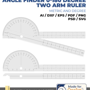 Puede incluir: Un transportador de ángulos imprimible de dos brazos con marcas métricas. El texto dice: PRINTABLE PROTRACTOR ANGLE FINDER 0-180 DEGREE TWO ARM RULER METRIC AND DEGREE AI / DXF / EPS / PDF / PNG PSD / SVG DIGITAL DOWNLOAD (.ZIP) Made for Creators.