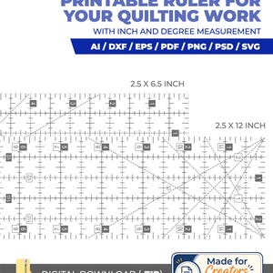 Puede incluir: Una descarga digital de reglas de acolchado imprimibles con medidas en pulgadas y grados. El conjunto incluye plantillas de 2.5 x 6.5 pulgadas y 2.5 x 12 pulgadas en formatos AI, DXF, EPS, PDF, PNG, PSD y SVG, etiquetadas como Easy to Use Printable Ruler.