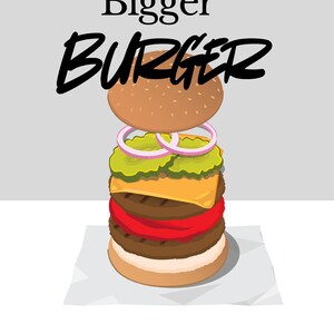 Pu&ograve; includere: Un'illustrazione grafica di un hamburger impilato con il testo Bigger BURGER sopra. L'hamburger presenta un panino marrone, anelli di cipolla viola, cetriolini verdi, una fetta di formaggio giallo, due polpette di carne marroni, una fetta di pomodoro.