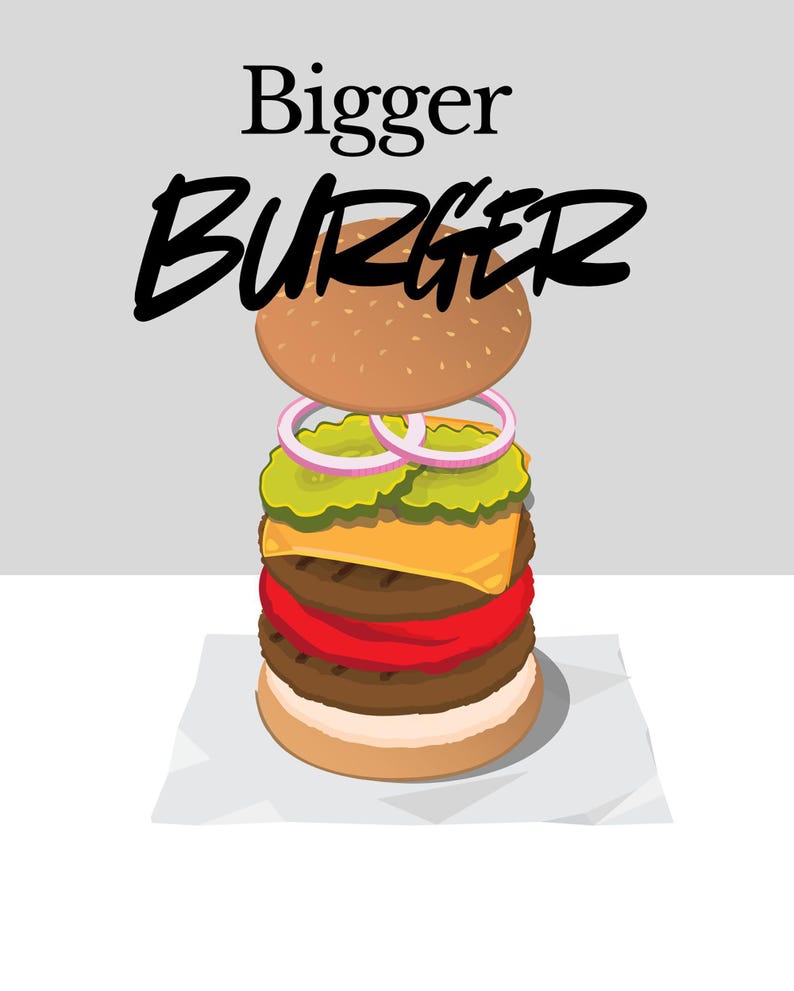 Pu&ograve; includere: Un'illustrazione grafica di un hamburger impilato con il testo Bigger BURGER sopra. L'hamburger presenta un panino marrone, anelli di cipolla viola, cetriolini verdi, una fetta di formaggio giallo, due polpette di carne marroni, una fetta di pomodoro.