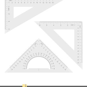 Może przedstawiać: Trzy białe plastikowe trójkąty kreślarskie z linijkami calowymi i centymetrowymi. Jeden trójkąt ma kątomierz. Tekst "DIGITAL DOWNLOAD (.ZIP)" znajduje się na dole.