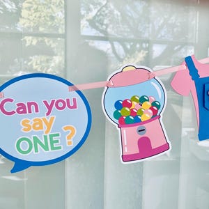 Can you say one/two Birthday Garland: Overalls, Bubble Gum, Comic Bubbles/Miss Rachel