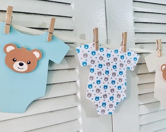 Teddy bear onesies garland/ Teddy Bear baby shower decorations/ Teddy bear first birthday/ We can bearly wait banner and decorations.