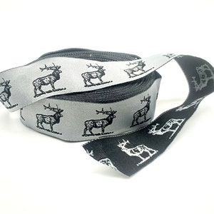 Elk Ribbon/Grey Jacquard Ribbon with Black Elk/ Ribbon by the Yard 7/8 inches wide/See Description For Ribbon Cuts