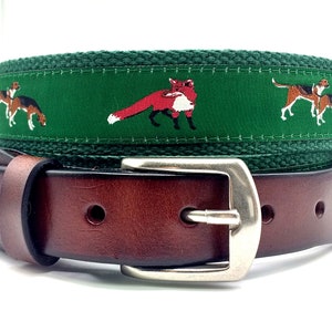 Fox Hunt Belt/Jacquard Woven Ribbon Belt/Leather Tabs/Solid Brass Buckle