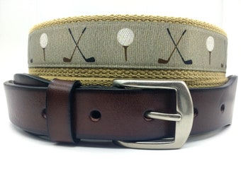 Cinturón de golf para hombre/Pestañas de cuero cónicas con hebilla de una pulgada de ancho/Cinturón de golf con cinta/Cinturón de golf de cuero de grano superior con hebilla de latón macizo