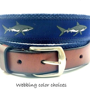 Men's Shark Webbing Belt/Top Grain Tapered Leather Belt/Solid Brass Buckle