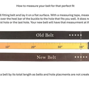 Puede incluir: Diagrama que muestra c&oacute;mo medir un cintur&oacute;n para un ajuste perfecto. La imagen muestra dos cinturones, uno etiquetado como "Old Belt" y el otro como "New Belt". Una cinta m&eacute;trica se coloca encima de los cinturones, mostrando medidas en pulgadas. El texto dice: "Toma un cintur&oacute;n viejo que te quede bien y col&oacute;calo sobre una superficie plana. Con una cinta m&eacute;trica, mide desde el pliegue del cuero sobre la barra del tal&oacute;n de la hebilla hasta el agujero que te queda bien. No importa si ese agujero es el primero o el &uacute;ltimo agujero. Tu nuevo cintur&oacute;n tendr&aacute; esa medida en el agujero central. Nunca midas un cintur&oacute;n por su longitud total ya que los cinturones y las ubicaciones de los agujeros no se crean iguales."