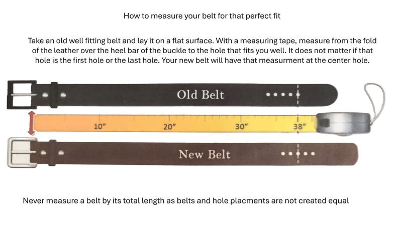 Puede incluir: Diagrama que muestra c&oacute;mo medir un cintur&oacute;n para un ajuste perfecto. La imagen muestra dos cinturones, uno etiquetado como "Old Belt" y el otro como "New Belt". Una cinta m&eacute;trica se coloca encima de los cinturones, mostrando medidas en pulgadas. El texto dice: "Toma un cintur&oacute;n viejo que te quede bien y col&oacute;calo sobre una superficie plana. Con una cinta m&eacute;trica, mide desde el pliegue del cuero sobre la barra del tal&oacute;n de la hebilla hasta el agujero que te queda bien. No importa si ese agujero es el primero o el &uacute;ltimo agujero. Tu nuevo cintur&oacute;n tendr&aacute; esa medida en el agujero central. Nunca midas un cintur&oacute;n por su longitud total ya que los cinturones y las ubicaciones de los agujeros no se crean iguales."