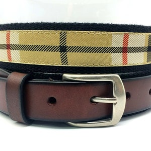 Men's Golden Brown Plaid Ribbon Belt/Plaid Top grain Leather Tab Belt/Solid Brass Buckle