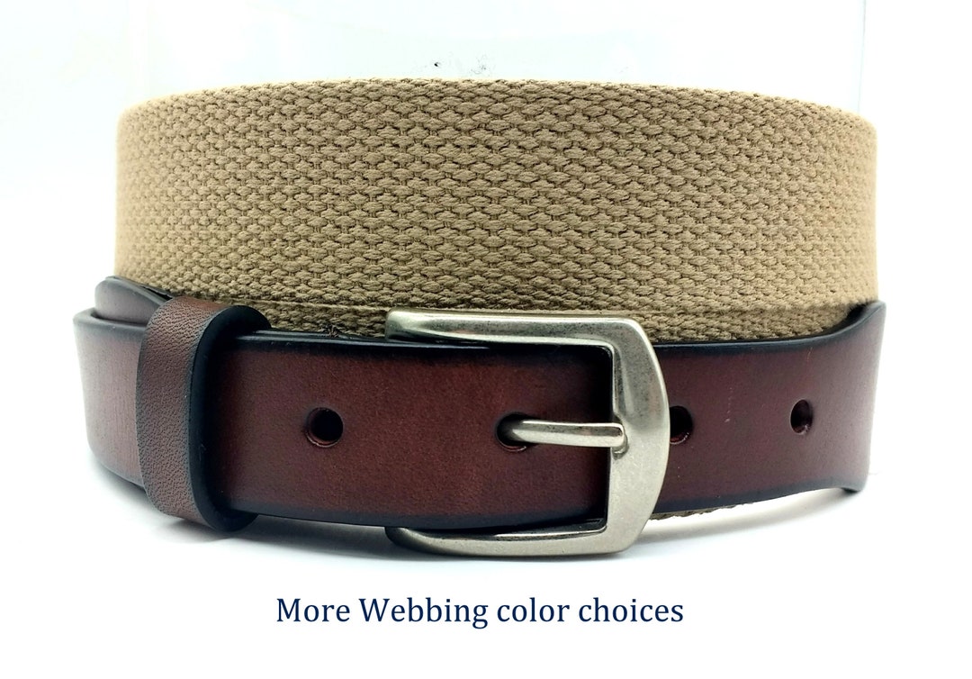 Men's Tan Cotton Woven Belt/top Grain Leather Tabs/100 Cotton/non