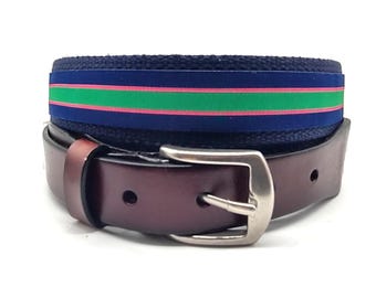Cinturón de cinta a rayas estilo universitario para hombre, cinturón de cincha y cuero.