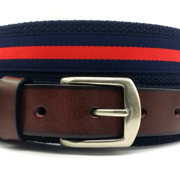 Men's Navy Stripe Collegiate Belts/Preppy Twill Woven Navy And Red Ribbon /No stretch/Top Grain Leather With Solid Brass Buckle