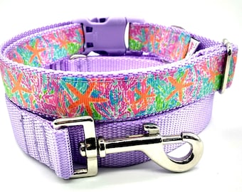 Palm Beach Inspired Dog Collar & Leash Set, Preppy Starfish Design
