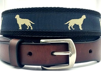 Golden Lab Webbing Belt/Preppy Golden Labrador Ribbon Belt/Top Grain Leather With Solid Brass Buckle